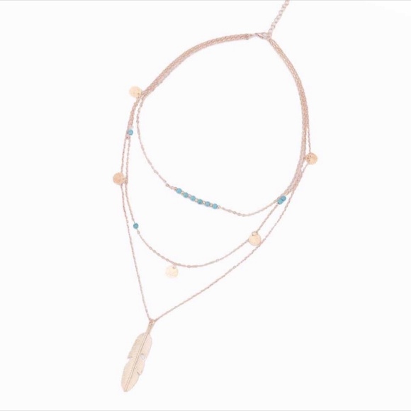 2/$20 Gold Layered Feather Turquoise Boho Necklace - Picture 4 of 4